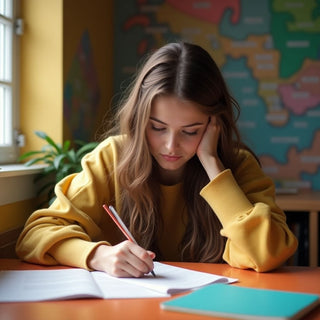 University student writing in a vibrant study space.