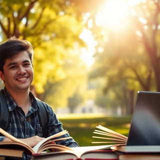 University student in a lively campus environment with books.