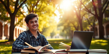 University student in a lively campus environment with books.