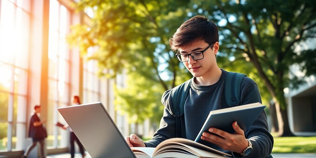 University student in a vibrant campus with open books.