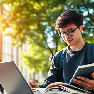 University student in a vibrant campus with open books.