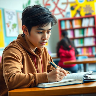 University student deeply focused on writing in vibrant environment.