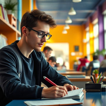 University student deeply engaged in writing with focus.