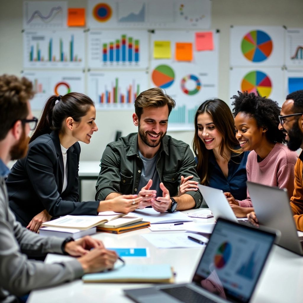 Personas colaborando con laptops y materiales de investigación