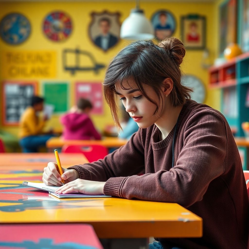 University student writing at a vibrant, colorful desk.