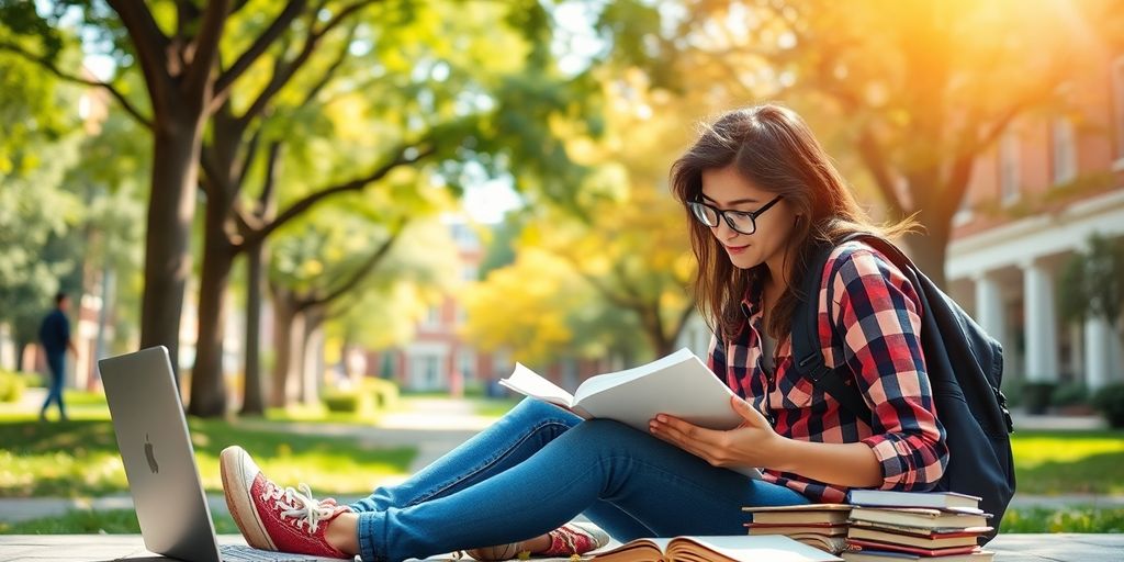 University student studying in a vibrant campus environment.