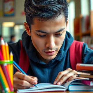 University student studying in a vibrant, colorful environment.