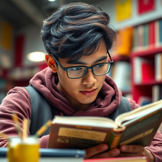 Estudiante universitario leyendo en un ambiente colorido.