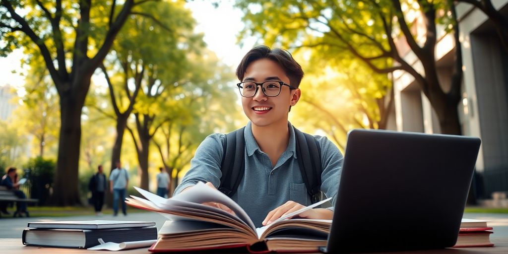 Estudante universitário em um campus vibrante e animado.