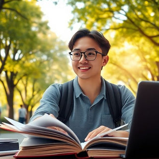 Estudante universitário em um campus vibrante e animado.