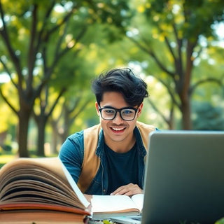 University student studying in a lively campus setting.
