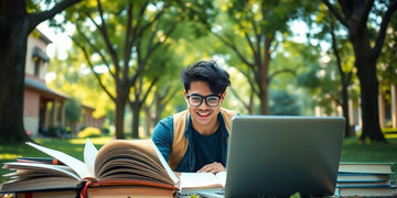 University student studying in a lively campus setting.