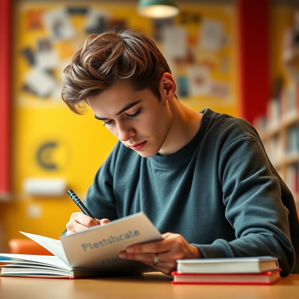 University student writing in a vibrant study environment.