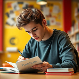 University student writing in a vibrant study environment.