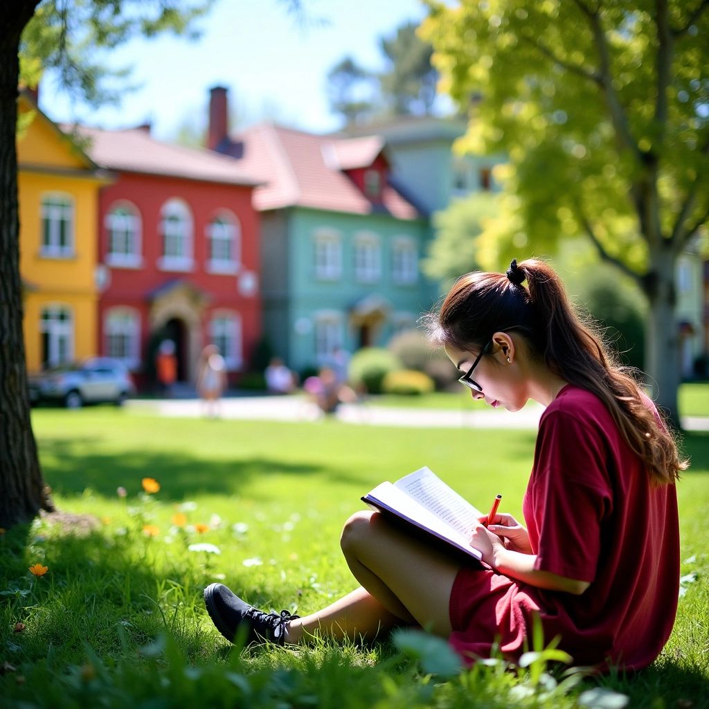 Student studying in a vibrant university setting.