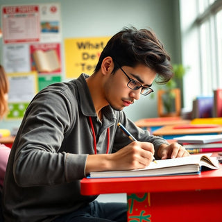 University student writing at a colorful study desk.