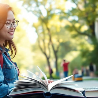 University student in a vibrant campus environment with books.