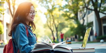 University student in a vibrant campus environment with books.