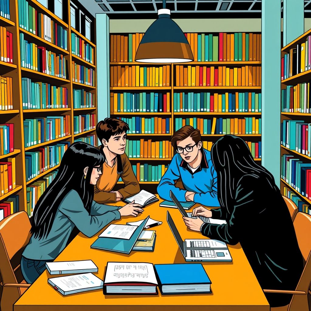 Estudiantes colaborando en una biblioteca