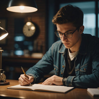 Student writing thesis with clock showing deadline approaching