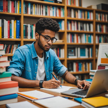 Mahasiswa menulis tesis di meja dengan buku-buku