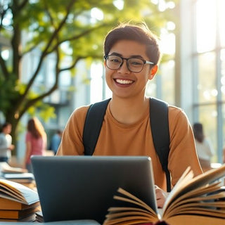 University student in a vibrant campus environment with books.