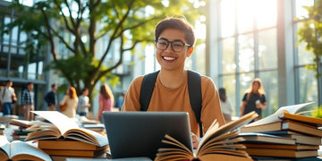 University student in a vibrant campus environment with books.