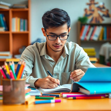 University student focused on writing in vibrant study space.