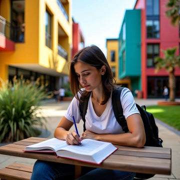 Estudante estudando em um ambiente universitário australiano colorido.