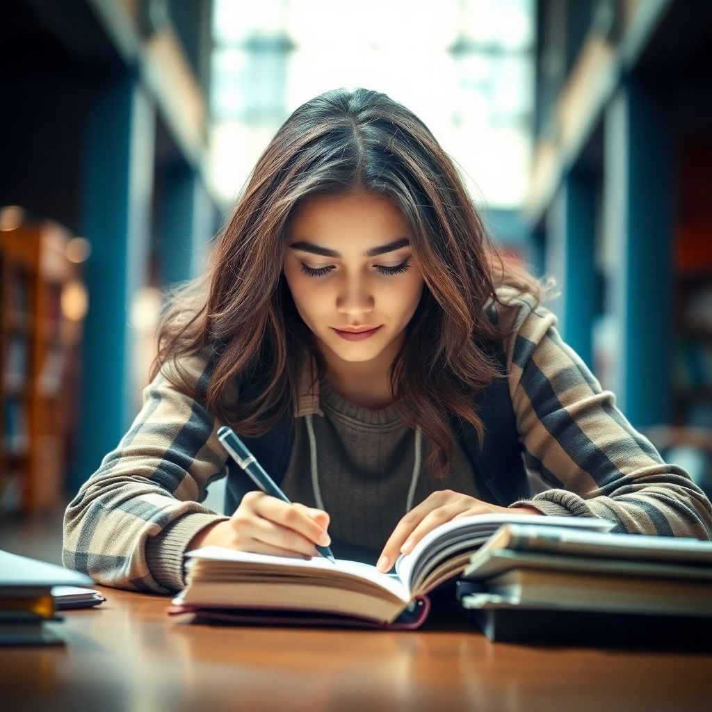 University student writing in a vibrant, colorful environment.