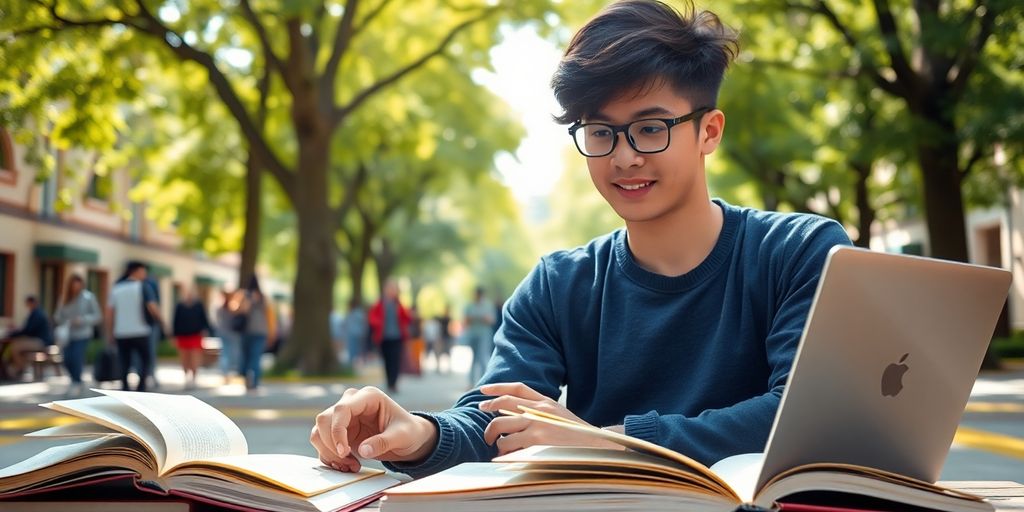 University student in a vibrant campus with books and laptop.