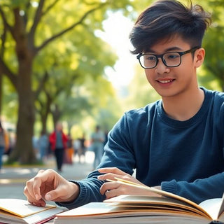 University student in a vibrant campus with books and laptop.