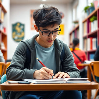 Estudante universitário escrevendo em um ambiente colorido.