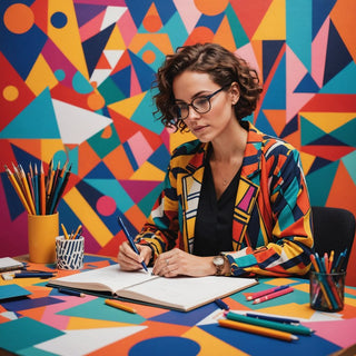 Écrivain confiant avec un stylo et des formes abstraites colorées