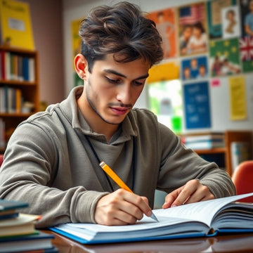 University student writing in a vibrant study environment.