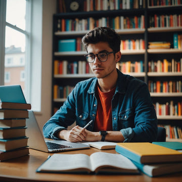 Estudiante concentrado escribiendo su tesis en un escritorio