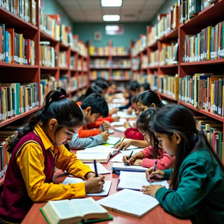 پاکستانی لائبریری میں پڑھائی کرتے طالب علم