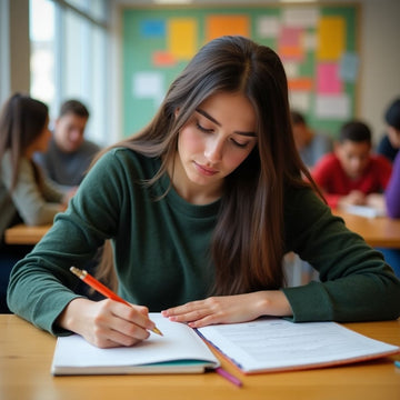 Estudiante universitario escribiendo en un ambiente vibrante.