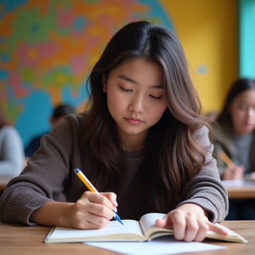 University student writing in a vibrant environment.