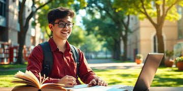 University student studying in a vibrant campus setting.