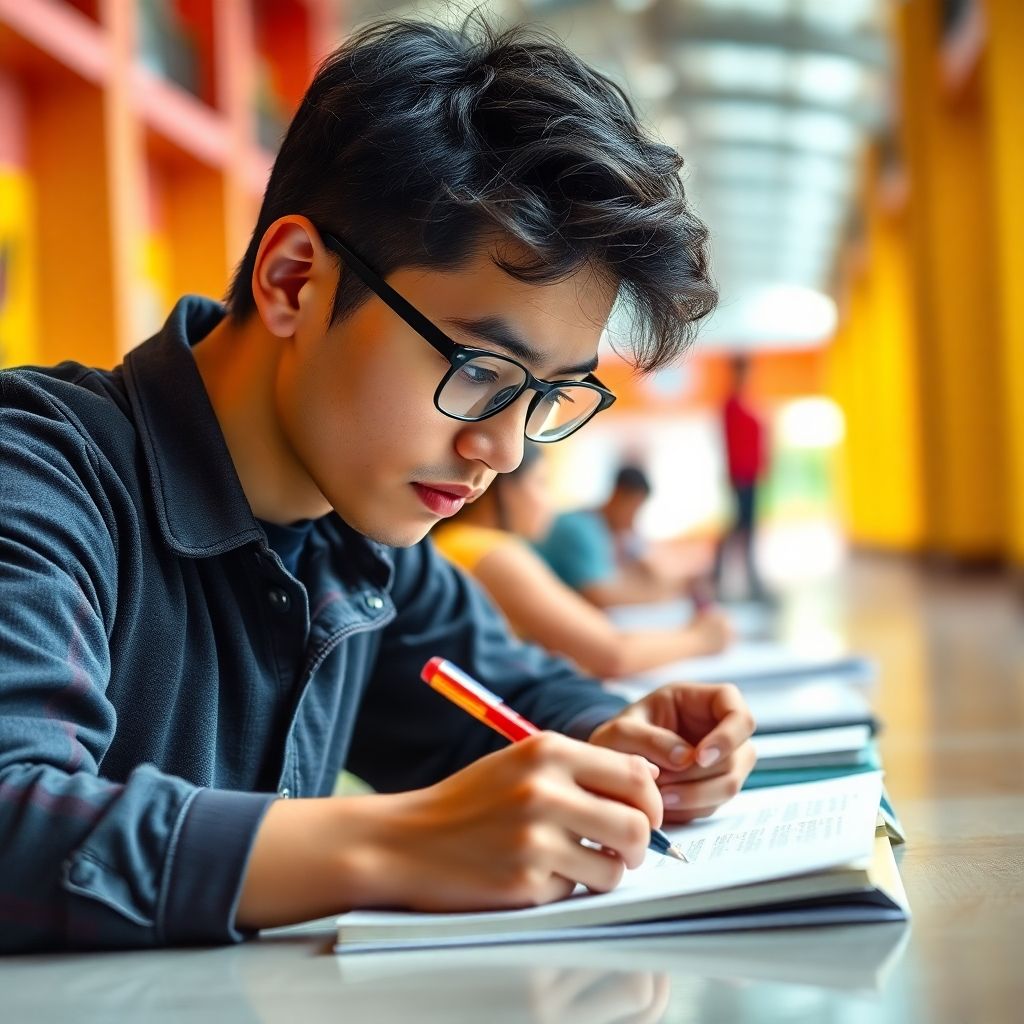 University student writing in a vibrant, colorful setting.