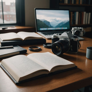 Research desk with books, journals, and a laptop