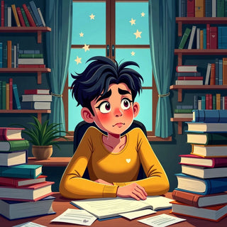 Stressed student working on master's thesis in cozy study.