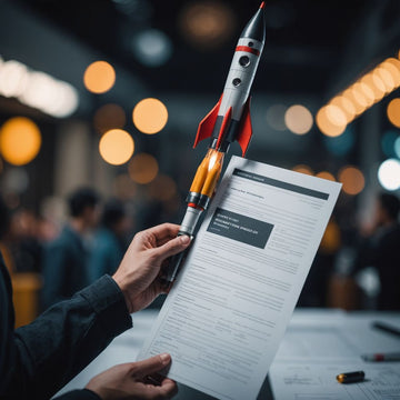 Rocket launch with research proposal documents in hand