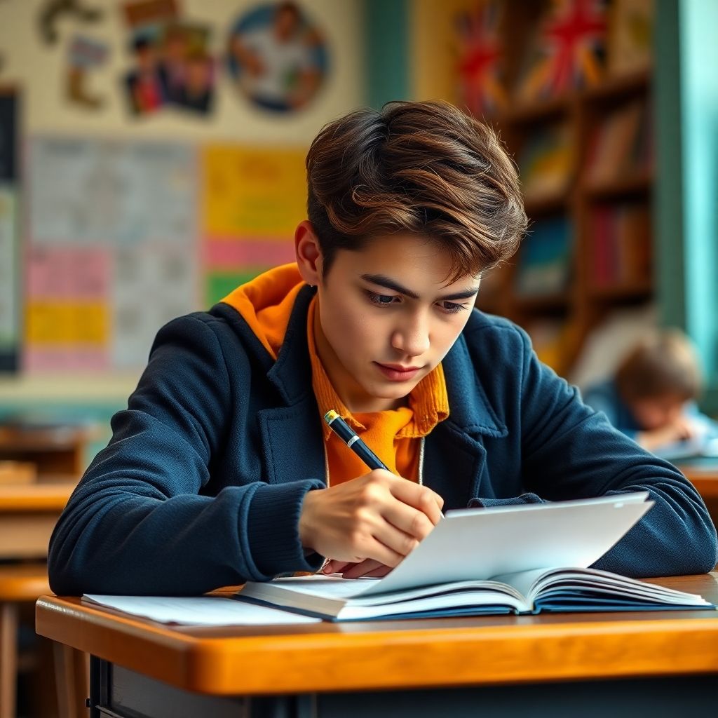 विश्वविद्यालय का छात्र एक जीवंत वातावरण में लिख रहा है।