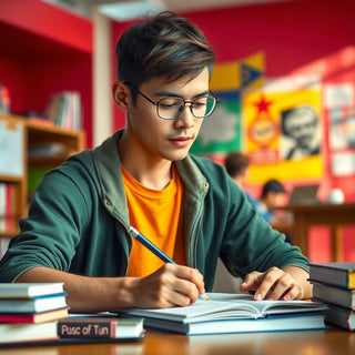 University student writing in a vibrant study environment.