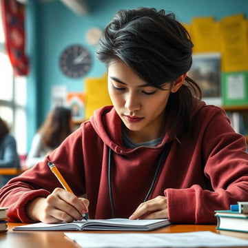 University student writing in a vibrant study environment.