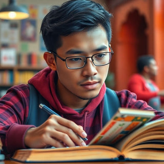 Estudiante universitario concentrado en la lectura.