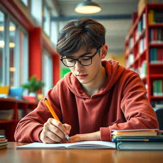 University student writing in a vibrant study environment.