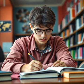 University student writing in a vibrant study environment.